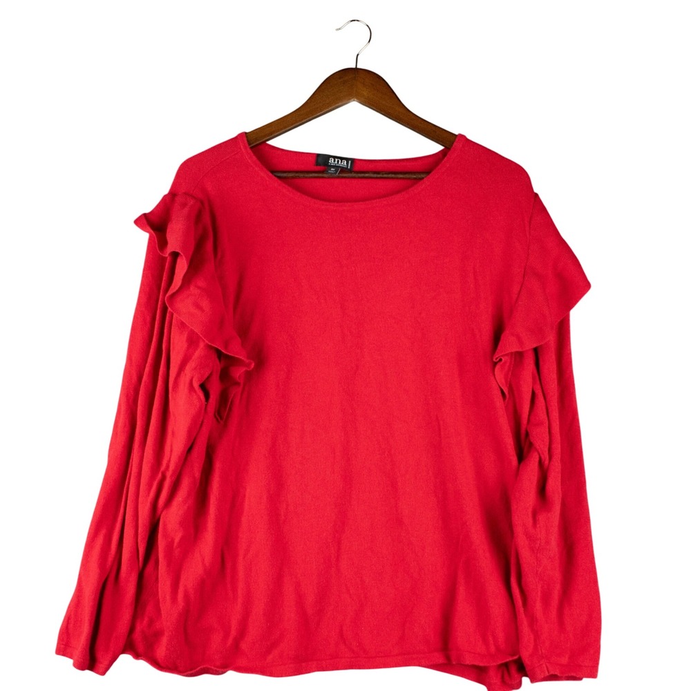 ana Womens‎ 3X Red Ruffle Shoulder Sweater Coquette Feminine Plus Size Pullover